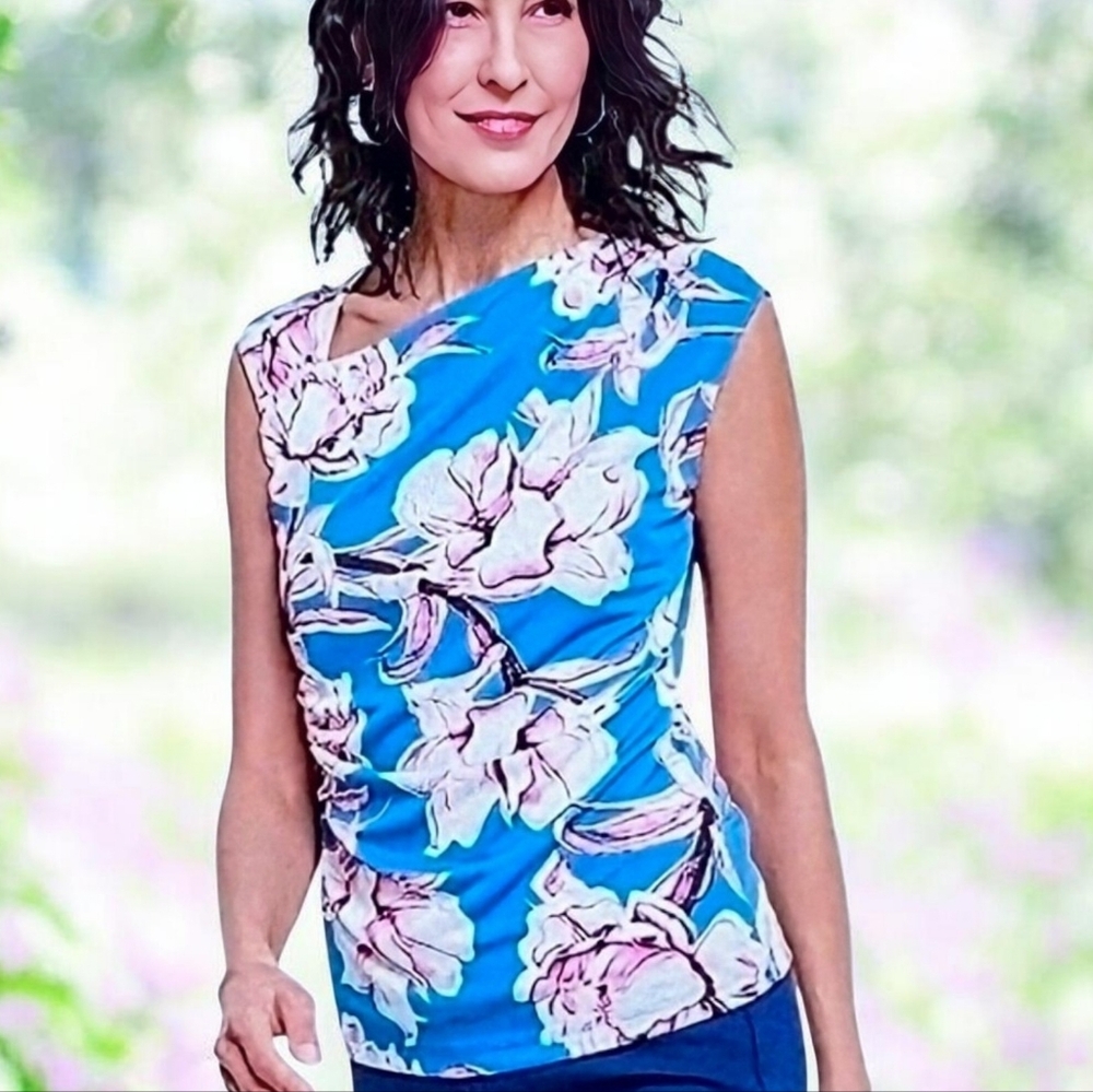 INC International Concepts Asymmetric Draped Neck Sleeveless Floral Sz. L